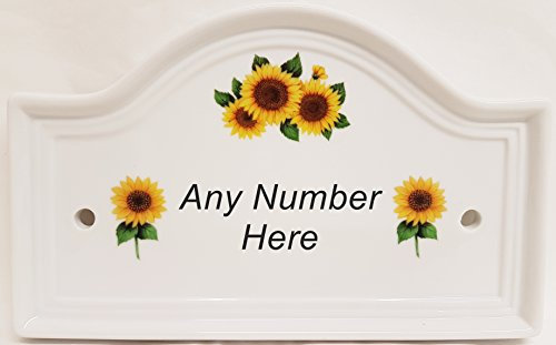 Targhetta in ceramica per numero di porta di girasoli, con numero della porta della casa, decorata a mano nel Regno Unito.