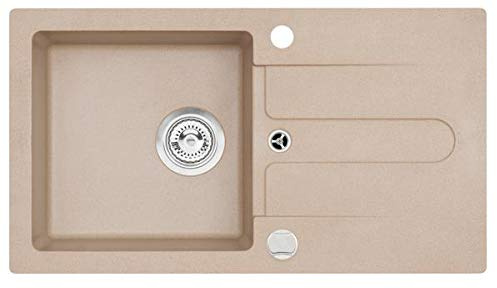VBChome Spüle Beige 75 x 42 cm Granit Einzelbecken Einbauspüle gesprenkelt reversibel Verbundspüle + Siphon Waschbecken