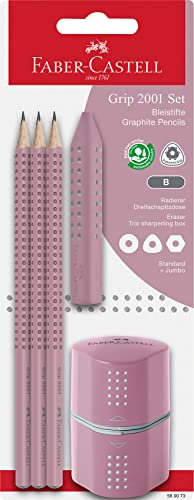 FABER-CASTELL 580073 - Bleistifte Set Grip 2001, 5-teilig mit 3 Bleistiften, Radiergummi und Spitzer, rose shadows