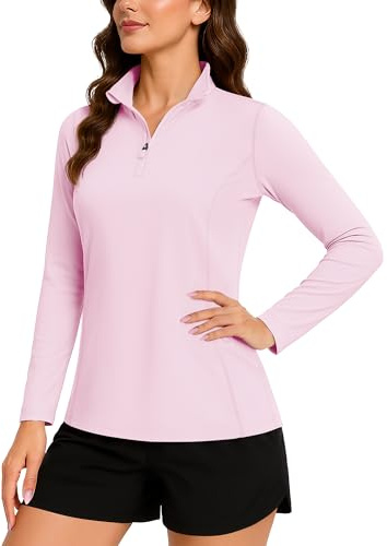 TACVASEN Women's Golf Shirts Quarter Zip Pullover Long Sleeve Workout Tops UPF 50+ Rash Guard Light Pinks, L