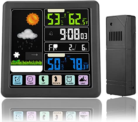 Reloj Despertador Inteligente, Pantalla táctil LCD Colorida, estación meteorológica Digital, Radio Multifuncional, inalámbrico, pronóstico del Tiempo con Reloj Despertador, medidor de humeda(Negro)