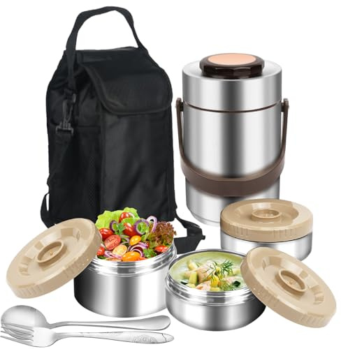 SSAWcasa 3-Layer Insulated Lunch Box for Men, Adult Soup Thermos, Leakproof Insulated Hot Food Jar Container, Stainless Steel Thermal Bento Box Lunch Bag Cutlery for Office Worker Trucker Picnic
