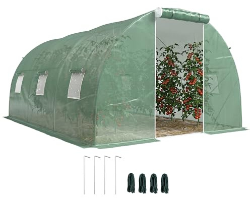 Outsunny Foliengewächshaus begehbares Polytunnel 4,5 x 3 m Gewächshaus mit 6 Fenster Treibhaus Frostschutz Stahlrohr Dunkelgrün