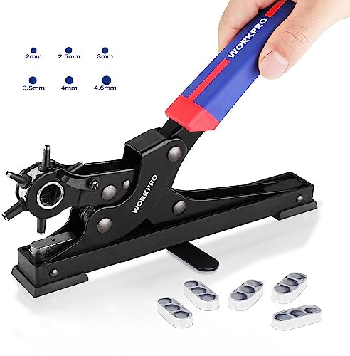 WORKPRO Desktop Leather Hole Punch, Heavy Duty Belt Hole Puncher for Leather with 6 Multi Sized Holes for Belt, Watch Bands, Pet Collars, Bags, Shoes, DIY Home or Craft