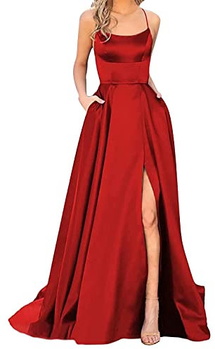 Alecony Abendkleider Elegant für Hochzeit Abschlusskleid Ballkleider Damen Kleider Lang Cocktailkleid A-Linie Satin Spaghetti Party Prom Maxi Dress Schlitz Brautkleid Festkleider mit Taschen