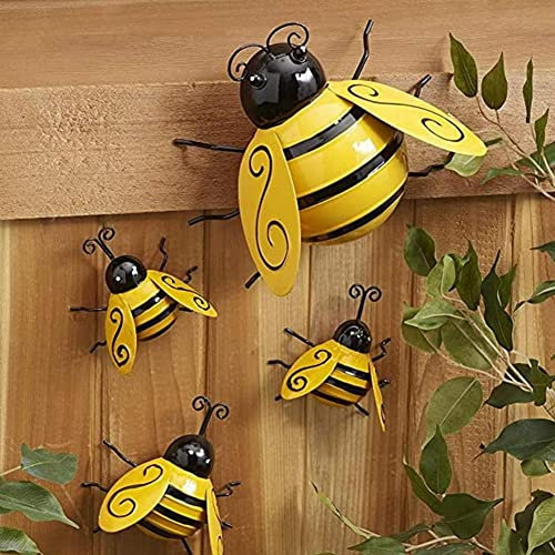 ZAANU 4 Stück Bienen-Wanddekoration, Metall-Wandkunst, Bienen-3D-Skulptur, rustikale Wandkunst-Dekoration, Bauernhaus-Wanddekorationen, Bienen-Hinterhof-Garten-Wandornament/157