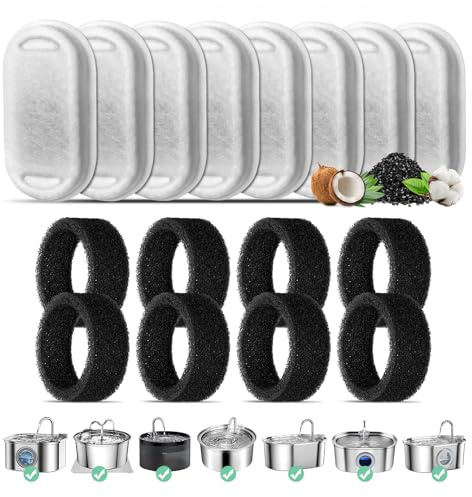 Katzenbrunnen Filter, 8-Pack Ersatzfilter für 108oz/3.2L Edelstahl Katzenbrunnen, 8 Stück Kohlefilter Und 8 Stück Schaumfilter Dreifach-Filterung Filter für 67oz/2L Trinkbrunnen für Katzen und Hunde