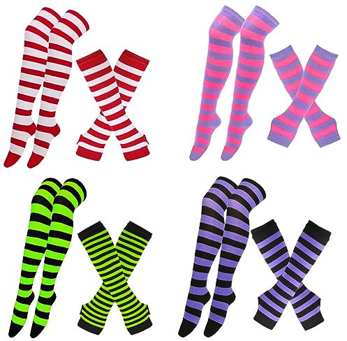 4 Paar Damen Gestreifte Kniestrümpfe Overknee Strümpfe Lange Strick Armstulpen Fingerlose Handschuhe Gestreifte Socken Thigh High Socks Beinwärmer Schenkel Socken für Fraun Mädchen Party Kostüm