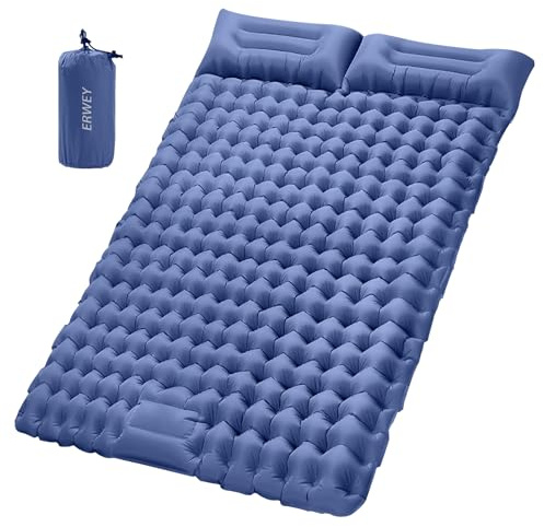 ERWEY Isomatte Camping 2 Personen 200x135 cm Ultraleicht Camping Isomatte Aufblasbar Luftmatratze Schlafmatte mit Fußpumpe Faltbar Schlafmatten mit Kissen, Navy Blau