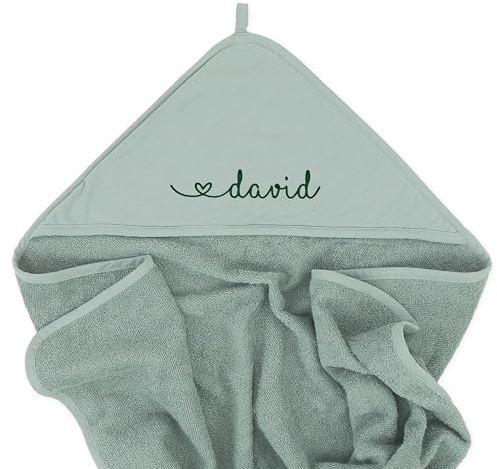 upstitch studio Grünes Baby und Kinder Kapuzenhandtuch mit Namen personalisiert (75x75 cm) für Jungen und Mädchen, Handtuch Baby, Handtuch Kind, Bestickt, aus 100% Baumwolle