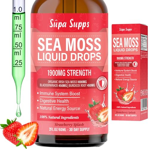 Irish Moss, Bladderwrack & Burdock Root Strawberry Flavour Drops - 60ml - Irish Sea Moss Gel Inspired Liquid, Rich in Natural Minerals, Supports Vitality, Wellness & Daily Nutritional Balance