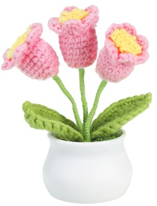 PATIKIL Crochet Flowers, Handmade Knitting 3Head Lily of the Valley Artificial Woven Small Potted with Stems for Valentine's Gifts Home Wedding Party Office Tables Decoration, Pink