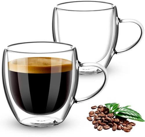 Esilihom 2 Pack Double Walled Coffee Glasses Mugs, 250ml Cappuccino Latte Macchiato Glasses Cups with Handle, Heat Resistant Borosilicate Glasses Cup for Coffee Tea Milk Juice Ice Cream