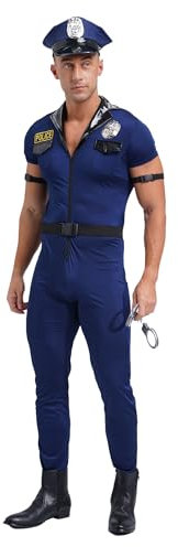 Yihuimin Herren Polizei Kostüm Blau Ganzanzug Kurzarm Overall Mit Pilotenmütze Halloween Karneval Faschingskostüm Blau L