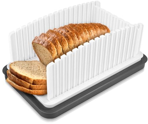 Trancheuse à Pain pour Pain Fait Maison, Mise à Niveau Largeur Réglable Guide de Coupe du Pain avec Plateau Outil de Coupe de Pain Pliable pour Rondelles de Levain Baguette Sandwich(Blanc)