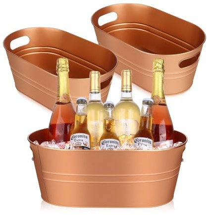3PCS Galvanized Tub Metal Beverage Ice Buckets 3 Gallon Ice Buckets for Parties Large Drink Buckets Champagne Vintage Bucket for Wine Beer Cocktail Mimosa Bar Supplies（Advanced Copper）