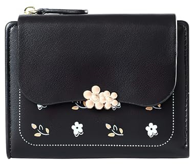 TNSLAND Blumen Kleine Geldbörse Damen, Leder Portemonnaie mit Münzfach, Geldtasche Kleingeldbörse, Geldbeutel, Schwarz