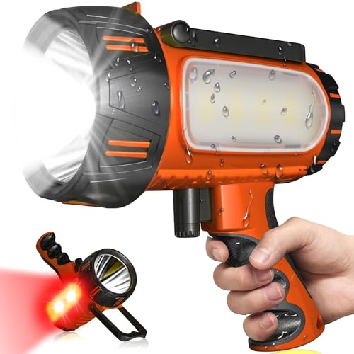 CHRMJERN Rechargeable Spotlight, Super Bright 1000,000 LM LED Flashlight Handheld Spotlight 9600 mAh Long Lasting Large Flashlight Searchlight and Flood Camping Flashlight with Foldable Tripod Orange