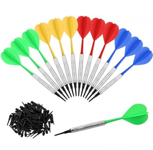Dokeno 12 Stück Dartpfeile mit Kunstoffspitze Soft Darts Pfeile Set mit 100 Zusätzlichen Dartspitzen 14g Dartpfeile Plastik Professionelle Dartpfeile für Junge Leute und Alte Leute Innenaktivitäten