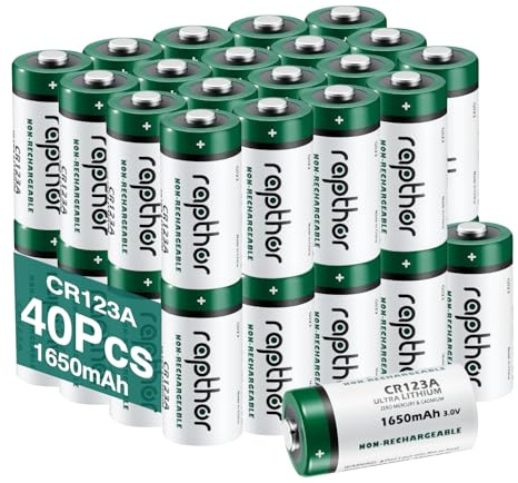 Rapthor CR123A 3V 1650mAh Lithium-Batterien 40 Stück, Ersatz für CR123 CR123A CR17345, für Taschenlampen, Kameras, Blitzgeräte, Rauchmelder, Sicherheits- und Smart-Home Geräte, Nicht wiederaufladbar