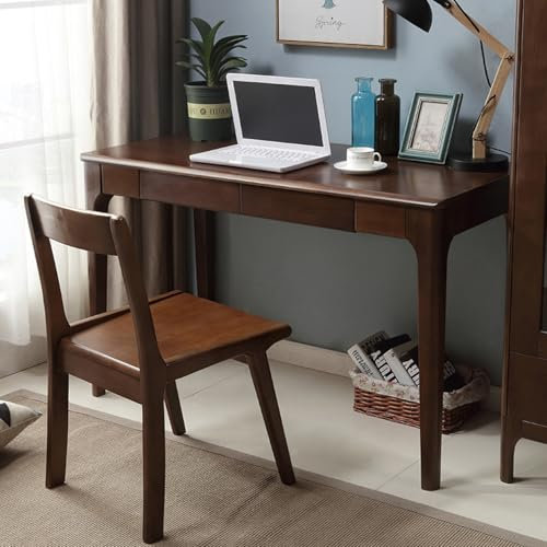 Escritorio de madera maciza con 2 cajones, moderno escritorio de oficina en casa para espacios pequeños, 39 pulgadas, acabado de nogal, escritorio multiusos para computadora