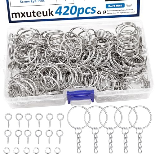 mxuteuk 420Pcs 1“ 25mm Schlüsselanhänger kette, einschließlich 140Pcs Keychain Ringe mit Kette, 140Pcs Jump Ring, 140Pcs Schraube Eye Pins für Schlüsselanhänger/Schmuck/DIY Keychain Ring