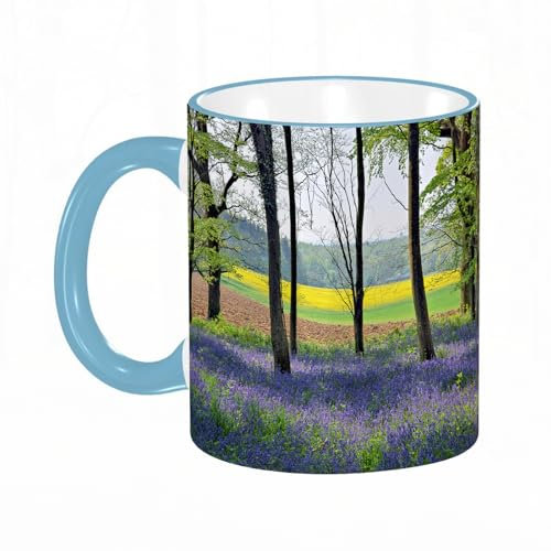 YOIUE Tasse aus Keramik - Große 11oz Tassen 330ml Kaffeetassen mit Henkel, 100% Handbemalt - Trinkgläser mit Griff - Weiß,Waldgebiet, Glockenblumen in Wepham Woods, Wildblumen, Frühling, ländliche Um