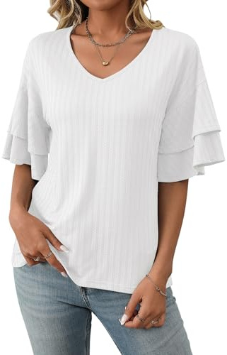 ASKSA Kvinnors avslappnade V-ringade toppar trendiga kortärmade t-shirts volang ärm volang blusar enfärgade sommartoppar, Vitt, XL