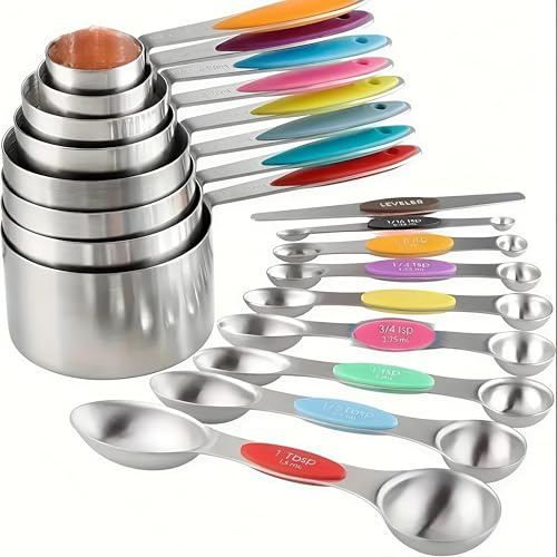 Juego de tazas y cucharas medidoras de acero inoxidable que incluye 8 tazas medidoras apilables, 8 cucharas medidoras magnéticas de doble cara con 1 nivelador para ingredientes secos y líquidos