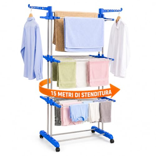 Generico Stendibiancheria, 4 Livelli Stendino da Balcone Esterno con Ruote, Acciaio Inossidabile Stendino Verticale, Stendipanni per Interno