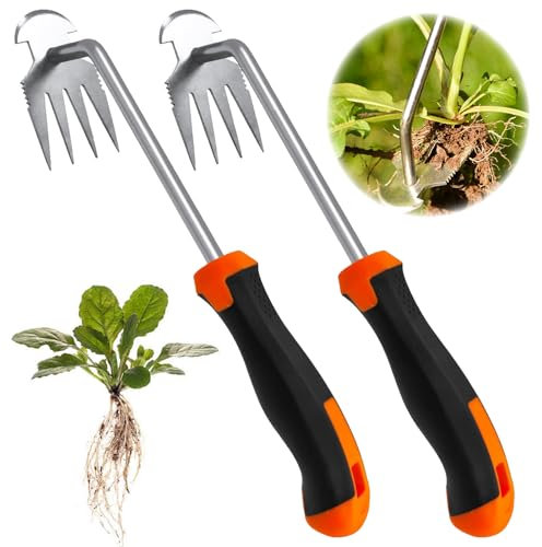 Atuoxing 2 Stück Unkrautstecher Edelstahl, Hand Unkraut Entferner Gerät, Löwenzahnstecher Entwurzeln, Unkraut Entfernen mit Stiel zum Jäten Umpflanzen