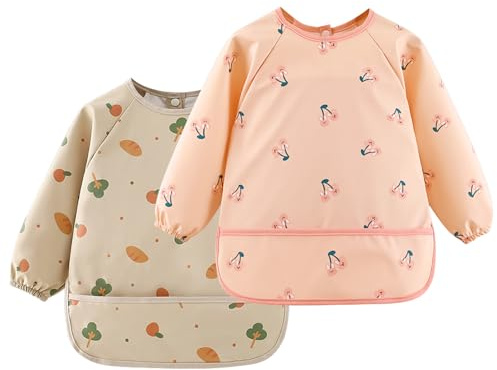 Wisebom Lätzchen zum Abstillen mit Langen Ärmeln, 2Pcs Wasserdichtes und Leicht zu Reinigen Lätzchen mit Tasche & BLW Baby Lätzchen Ärmellätzchen für Babys Kleinkinder 6-36 Monate