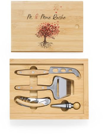 Marquage Unique Coffret Cadeau Vin et Fromage Personnalisable, Set 4 Pièces en Bambou et Metal : Tire-Bouchon, Bouchon, Couteau et Râpe à Fromage - Personnalisez Votre Coffret