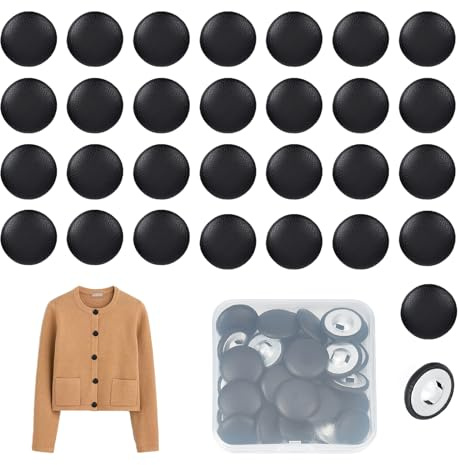 letsinstyle 30 Pieza de Botones de 20mm Recubiertos de Piel Sintética Negra, Botón Redondo de Cuero de PU con Vástago, Tapicería para Coser, Tejer, Manualidades, Decoración para Muebles, Jeans, Sofá