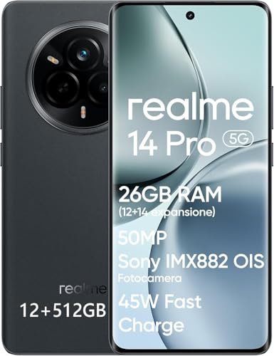 realme 14 Pro 5G Smartphone 12+512GB, con fotocamera OIS da 50MP, Dimensity 7300 5G, display OLED da 6,77'' 120Hz, batteria da 5000mAh, ricarica rapida da 45W, NFC - Grigio