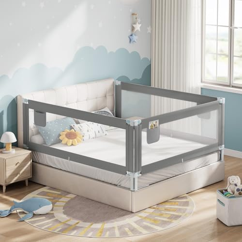 WOLTU Bettschutzgitter, Bettgitter Rausfallschutz 200 cm x 2 und 150 cm x 1, einziehbare Kinderbettgitter mit luftigem Netz, höhenverstellbar 69–87 cm, Dunkelgrau