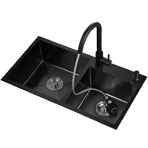 NZPOST Fregadero de Cocina de Acero Inoxidable de Dos cubetas con Grifo extraíble y desagüe, para Montaje Superior o bajo encimera (72 x 40 x 20 cm)