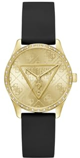 Guess Roxy Damen Armbanduhr, Quarz Analog, Edelstahl, 36mm, Silikonarmband, Schwarz, 3 bar, Zifferblattfarbe: Gold, GW0942L2