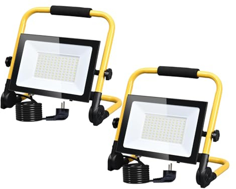 Hopelit 2 Stück LED Baustrahler 100W Warmweiß, LED Strahler Außen Arbeitsleuchte mit Stecker und Rutschfest Faltbarer Ständer, IP66 Wasserdicht Baustrahler für Werkstatt, Baustelle, Garage