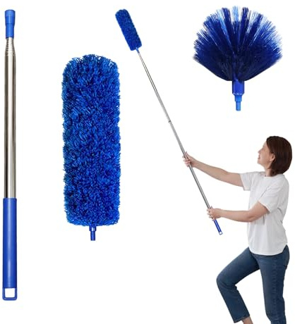 Cobweb Dusters with Extension Pole 100-inch, Spider Web Brush & Ceiling Cleaning Kit, Washable Cleaning Duster Kit with 2 Duster Heads, Cobweb Duster, Corner Brush for Ceiling Fan, Furniture, Home