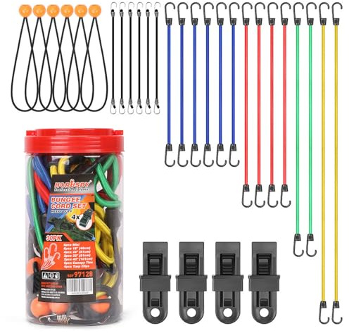 30 Stück Spanngummi Mit Haken, Expander Mit Haken, Spanngummi, Erhältlich in Vier Längen, Mehreren Farben, außergewöhnlich robust und widerstandsfähig, für Zelt, Gepäck oder Garten (4 Farben, Fass)
