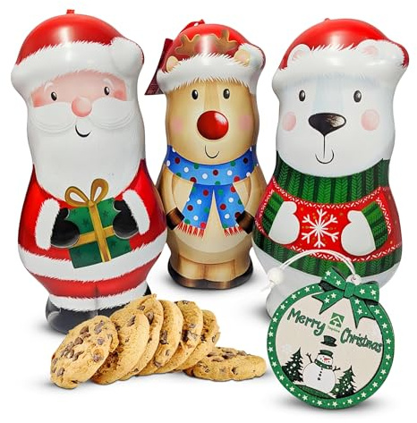 Christmas Character Shortbread Biscuit Tin - Randomly Selected 1 x 135g Santa, Reindeer or Polar Beer Tins Filled Choc Chip Cookies & Topline Tree Ornament. Great for Christmas Gifts, Stocking Fillers