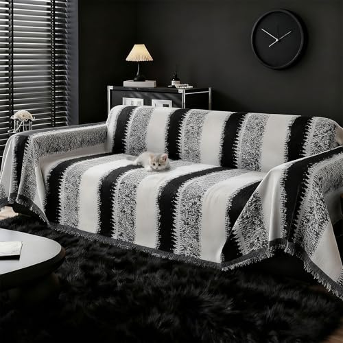 Kaxtde Sofa-Überwurfdecke, 180 x 380 cm, gestreift, Schwarz-Grau, XL