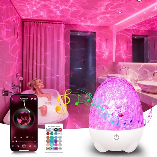 Rechargeable Shower Lights with Bluetooth Speaker and White Noise, 16-Color RGB Waterproof Shower Lamp, Ocean Wave Projector Light with Remote Control, for Bathroom Bedroom (A:Water Ripple Projection)