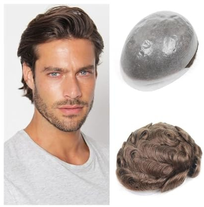 Für Männer 0,08 mm dünnes Echthaar-Toupet for Männer Nr. 7 Braun 8 x 10 Zoll Voll-PU-Basis Herren-Haarteil Perückenkopf