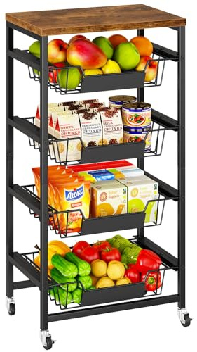 IBUYKE Carrello da Cucina con Cassetti,Carrello Multiuso con Cestino per Frutta e Piano in Legno,Carrello con Ruote per Camera da Letto,Dispensa,Ufficio,Marrone TLJ026H