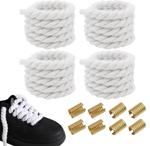 DUINIU 2 Paia Di Lacci Bianchi In Cotone E Lino E 8 Morsetti In Corda Dorata, Superficie In Corda Spessa 8 Mm, Trama Tessuta, Resistente All'Usura, Non Facile Da Staccare, Scarpe Da Corsa.