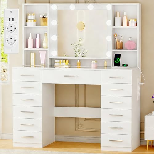 ANWBROAD Grande Toeletta Trucco con Luci LED,Luminosità Regolabile,Toletta da Trucco con Specchio,Postazione Trucco con Presa,Tavolo da Trucco con 13 Cassetti,7 Ripiani Aperti,Bianco BDT19X