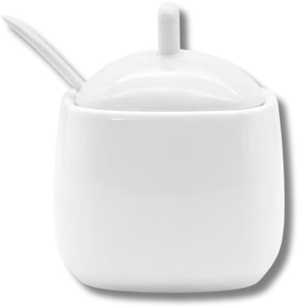 LEONARDO LUXURY HOME DESIGN Zuccheriera Quadrata Porcellana Bianca con Coperchio e Cucchiaino Elegante Idea Regalo Alta Qualità (Quadrata)