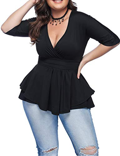 Women's Plus Size Tops V Neck Wrap Front Drape Summer Tops Pleated Waist Shirt Blouse Black
